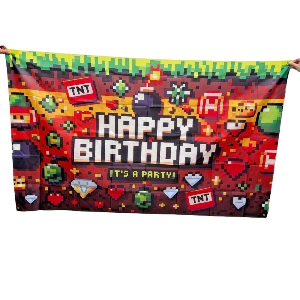Pixel Video Game Birthday Banner 71x43" Birthday Decorations Polyester Backdrop
